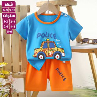 طقم تي شيرت وشورت صيفي للأطفال من القطن الخالص بطبعة سيارات