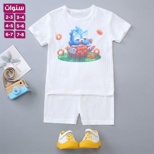 طقم بيجامة صيفي بأكمام قصيرة من القطن الخالص بطبعة وحش فضائي للأولاد والبنات