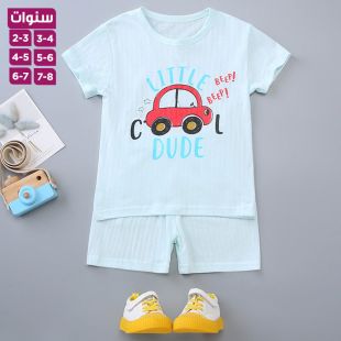 طقم بيجامة صيفي بأكمام قصيرة من القطن الخالص بطبعة سيارة للأولاد والبنات