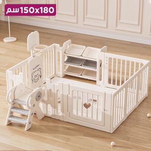 سياج بلاستيكي مع حصيرة وزحليقة وقاعدة كرة سلة ومنظم ألعاب 180 × 150 سم