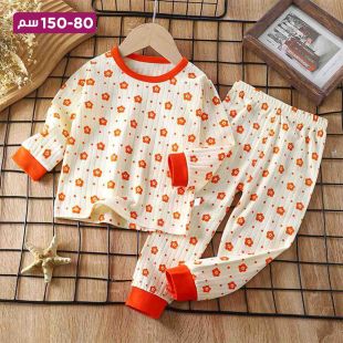 طقم بيجامة قطن للأطفال برسمة زهور
