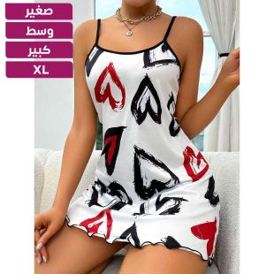 فستان نوم بنقشة قلوب بحمالات رفيعة للسيدات