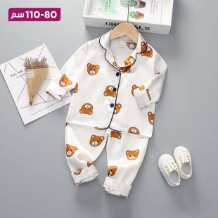 طقم بيجامة قطن بأكمام طويلة بتصميم Bear Head للأطفال