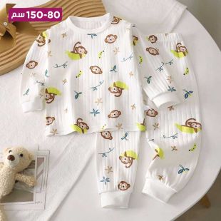 طقم بيجامة قطن للأطفال برسمة قرود وموز