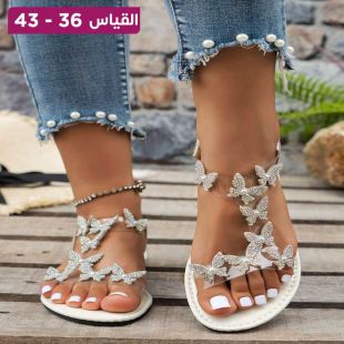 صندل مسطح مزين بأحجار الراين اللامعة للسيدات