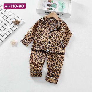 طقم بيجامة قطن بأكمام طويلة بتصميم Leopard Yellow للأطفال
