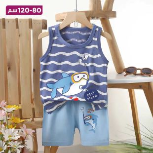 طقم قطن صيفي فيست وشورت للأطفال بتصميم Diver Shark