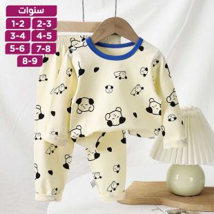 طقم بيجامة بطبعة كلاب من القطن الخالص بأكمام طويلة للأولاد والبنات