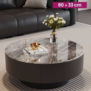 Round Glass-Crystal Stone Table with Wooden Base - 80 × 33 cm