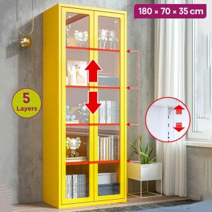 5 Layers Metal Book Cabinet with Double Glass Doors - 180 × 70 × 35 cm