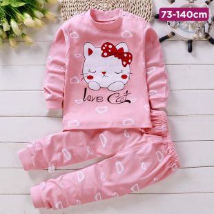 Pink Cat Cotton Autumn Pajama Set for Kids