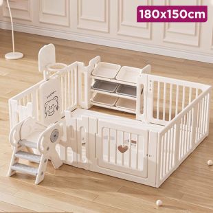 Plastic Fence with Mat Slide Basketball Hoop and Toy Organizer 180 x 150 cm