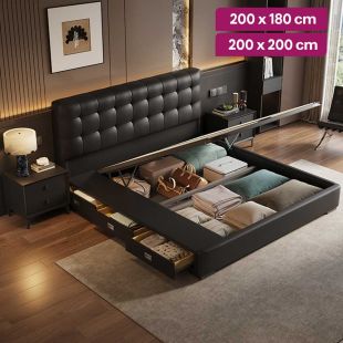 Upholstered Leather Bed with Pine Wood Frame and 2 Side Tables and 3 Integrated Drawers 