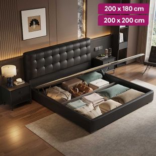 Upholstered Leather Bed with Pine Wood Frame and 2 Side Tables