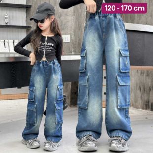 Wide Leg Cargo Denim Pants For Girls