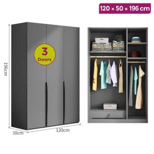 IRONRIDGE HDF Wood Wardrobe 3 Doors 120×50×196 cm