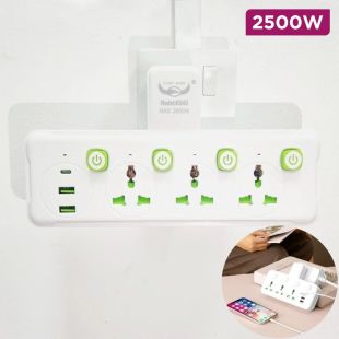 Multi Plug Wall Outlet Extender 2500W with 3 AC Sockets 2 USB Ports & Type-C