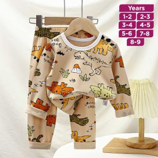 Large Dinosaurs Pure Cotton Long Sleeved Pajama Set for Boys and Girls