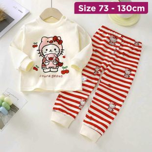 Cotton Pajama Set with Kitty and Cherry Prints for Girls