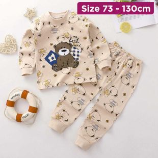 Cotton Pajama Set with Brown Bear Prints for Boys