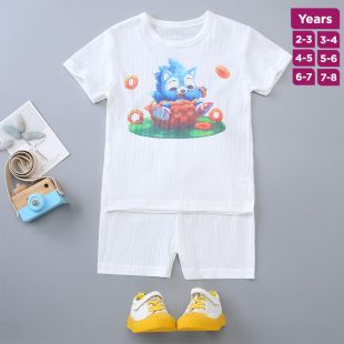 Space Beast Pure Cotton Summer Short Sleeve Pajama Set for Boys and Girls