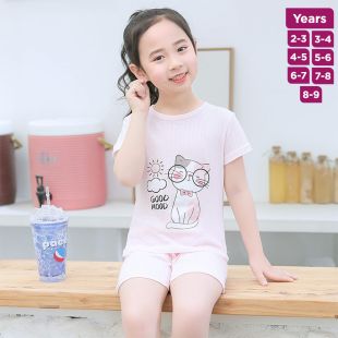 Cat Pure Cotton Summer Short Sleeve Pajama Set for Boys and Girls