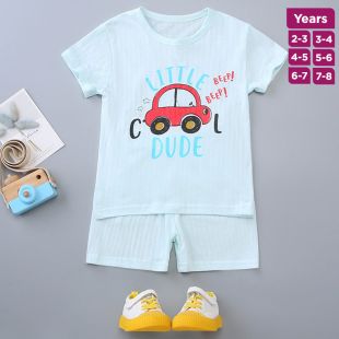 Car Pure Cotton Summer Short Sleeve Pajama Set for Boys and Girls