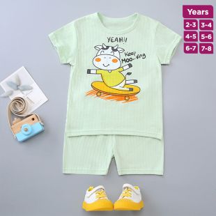 Cow Pure Cotton Summer Short Sleeve Pajama Set for Boys and Girls