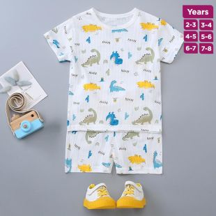 Dinosaurs Pure Cotton Summer Short Sleeve Pajama Set for Boys and Girls