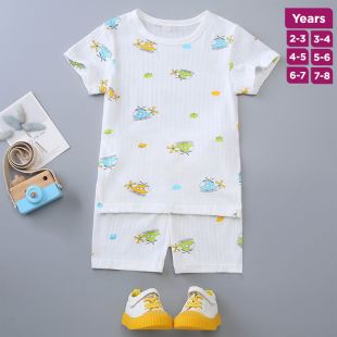 Helicopter Pure Cotton Summer Short Sleeve Pajama Set for Boys and Girls