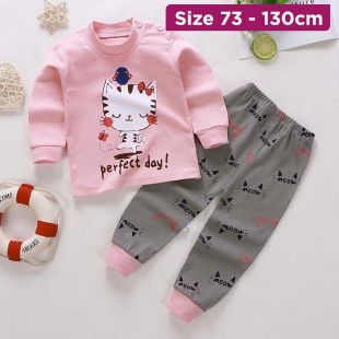 Cotton Pajama Set with Cat Prints for Girls