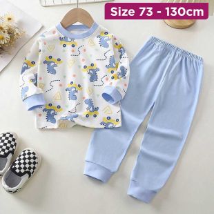 Cotton Pajama Set with Blue Dinosaurs Print for Boys