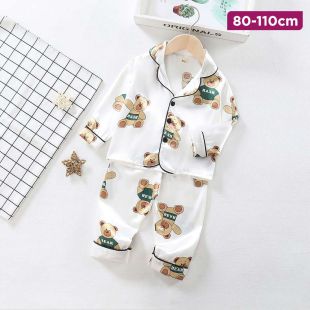 Children’s Long Sleeve Pajama Set with Green Bear Design