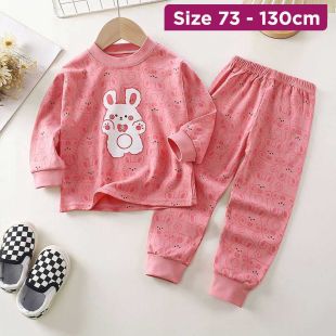 Cotton Pajama Set with Pink Rabbit Prints for Girls