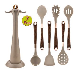 Silicone and Wood Kitchen Utensil Set with Stand - 7 Pcs