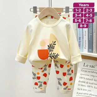 Plant Pure Cotton Long Sleeved Pajama Set for Boys and Girls