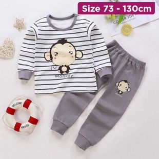 Cotton Pajama Set with Striped Monkey Prints for Boys