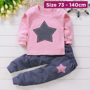 Pink Star Cotton Autumn Pajama Set for Kids