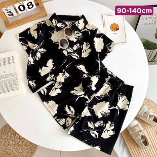 Short Sleeves Korean Black Flower Design Set For Boys