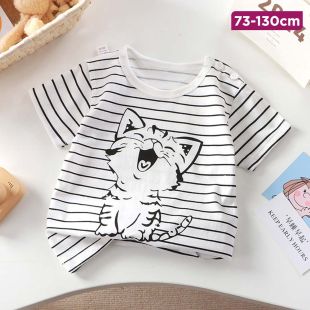 Cotton Short Sleeve T-Shirt with Cat Design for Kids