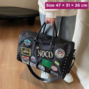 Canvas Shoulder Bag with Embroidered Patches - 47 × 31 × 26 cm