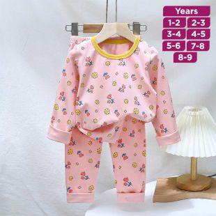Pink Flowers Pure Cotton Long Sleeved Pajama Set for Boys and Girls