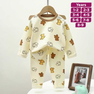 Small Bear Pure Cotton Long Sleeved Pajama Set for Boys and Girls