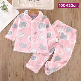 Pink Heart Design Flannel Pajama for Girls 