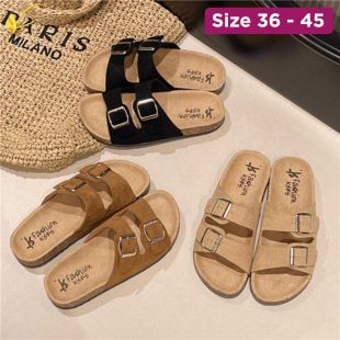 Unisex Thick-Soled Cork Slides with Double Buckle Straps