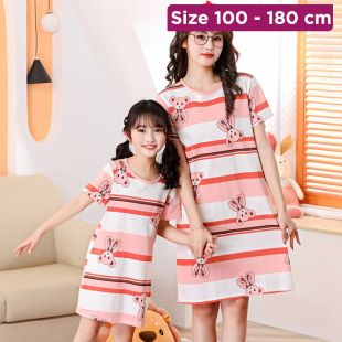 Cotton Sleep Dress with Striped Bear Design for Girls