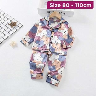 Children’s Long Sleeve Pajama Set with Four Cat Design