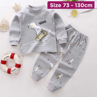 Cotton Pajama Set with White Bear Print for Boys