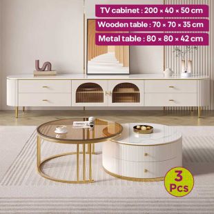 3Pcs Wooden TV Cabinet Set with 2 Nested Side Tables