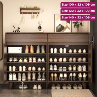 Multi-Layer Wooden Shoe Organizer with Drawers and Doors